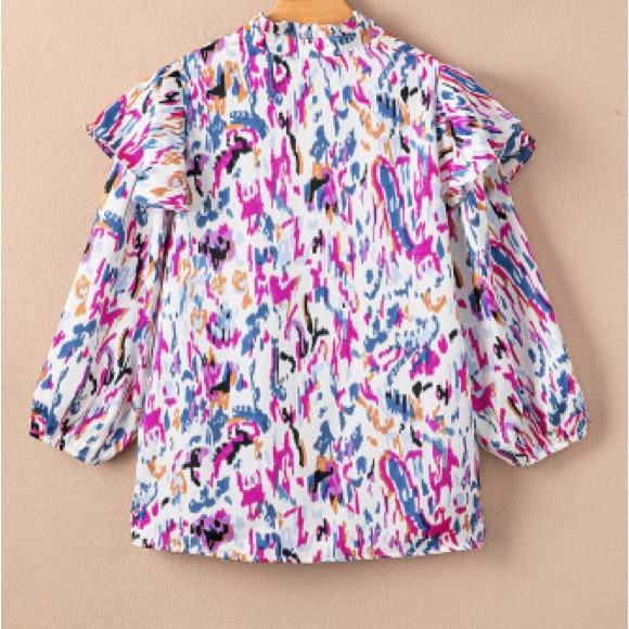 Multicolored Abstract Print 3/4 Puff Sleeve Ruffle Blouse NWT - Picture 7 of 12
